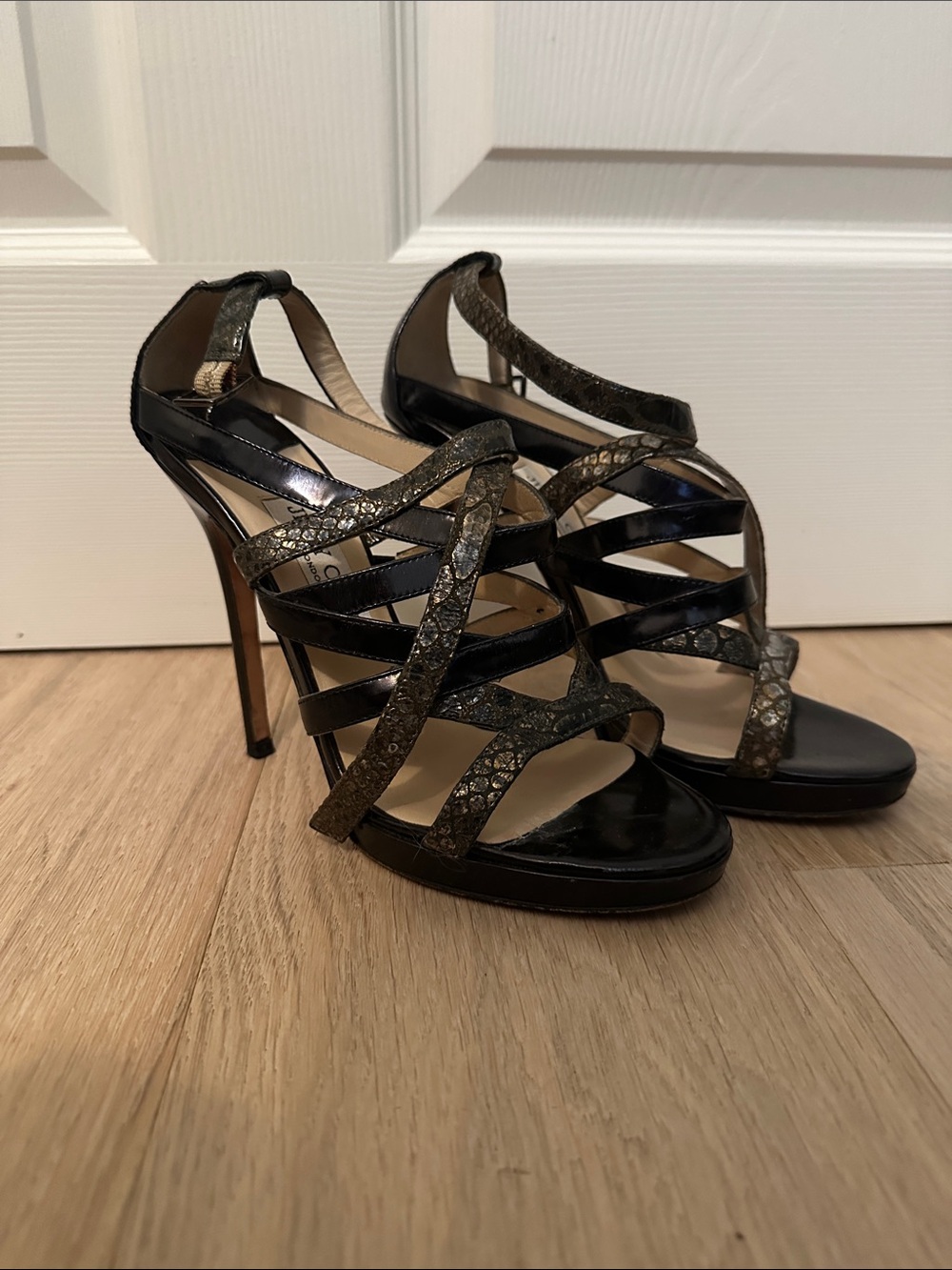 Strappy Black Metallic Jimmy Choo High Heel Sandals - Women